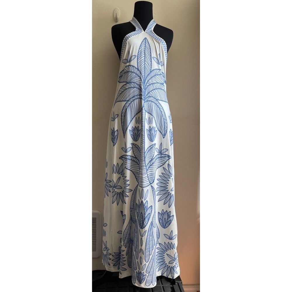 CAJUNI Women Boho  Tree Birds Open Back Sleeveless Blue White Dress XL